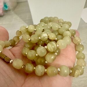 Vintage Green Onyx Bead Necklace – Natural Stone, Gold-Tone Spacers, 32” Length